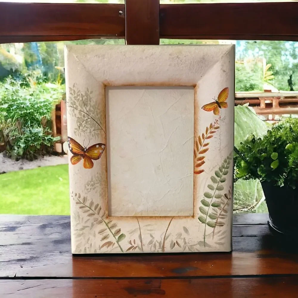 Butterfly Paper Mache' Photo Frame Cottagecore Fairy Garden Vintage 90s Painted.